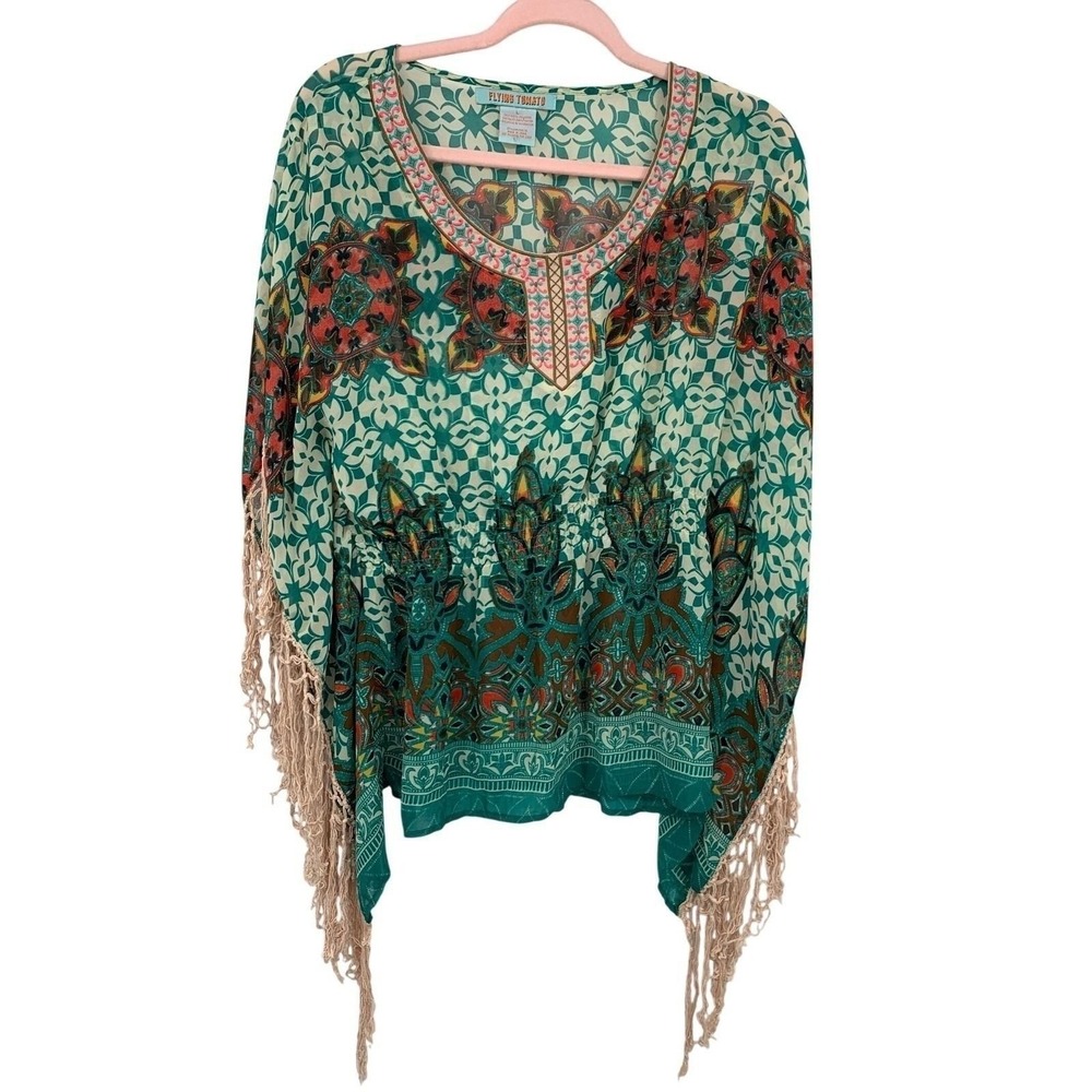 Flying Tomato Boho Fringe Poncho Top Large Festival Kimono - Picture 2 of 7